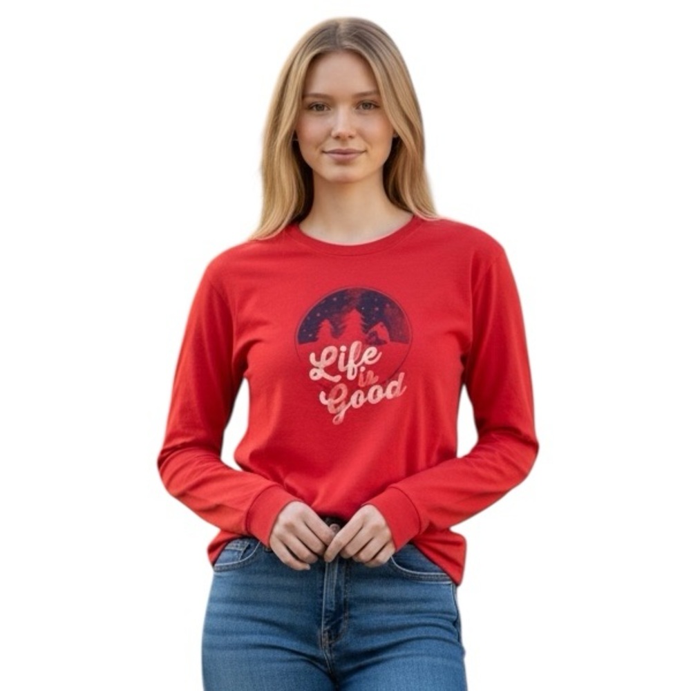 Life is Good Women’s Red Long Sleeve Old Fashioned Holiday Xmas Tree Shirt S